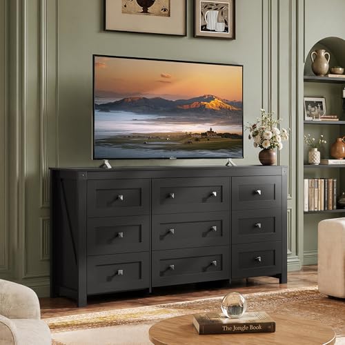 9-Drawer 62.2"W Farmhouse TV Stand for TVs up to 70 Inches, Black