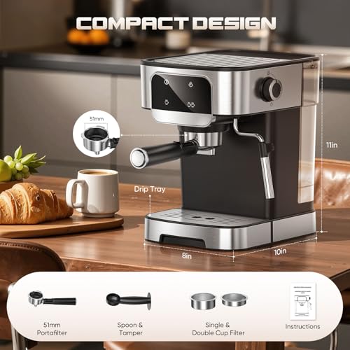 20 Bar Espresso Machine with Milk Frother, LED Touchscreen & 61 oz Removable Water Tank