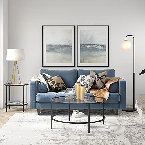 20" Side Table, Nightstand, End Table, Black Compact two-tier glass shelf table with a minimalist metal frame for modern display in living rooms, offices, or bedrooms
