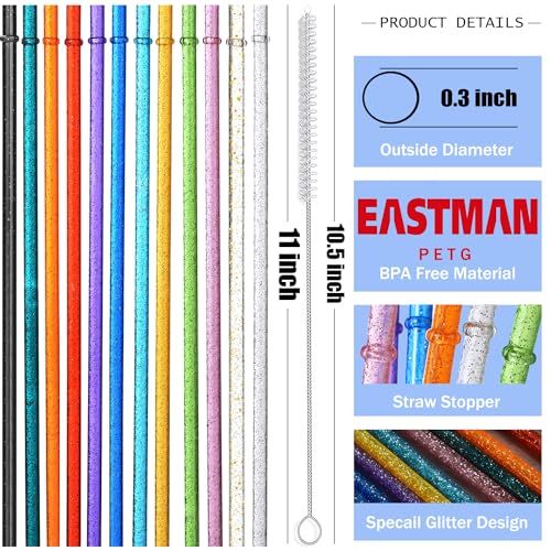 12-Pack Reusable Plastic Glitter Straws, 11" Long Colorful Hard Plastic Tumbler Straws for 16 OZ 20 OZ 30 OZ Stanley, YETI, Mason Jar, Starbucks with Cleaning Brush