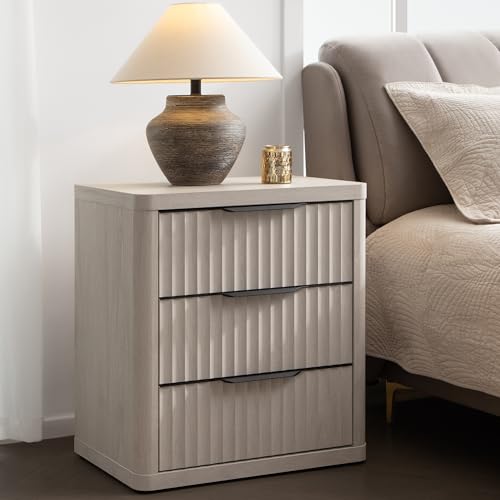 Set of 2 Modern Nightstands with 3 Drawers - Tall 25.6" Fluted Bedside Tables for Bedroom, Living Room, Sofa, Couch & Office - Stylish Mid Century Storage Solutions