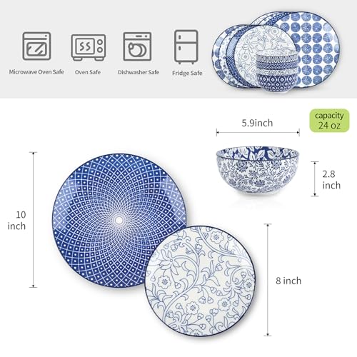 Ceramic Dinnerware Set, 12 pcs Plates and Bowls Set, Vintage Blue
