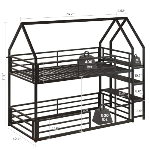 Twin Over Twin Bunk Bed with 3-Tier Storage Bookshelf, Metal House Bed with Ladder & Safety Guardrail, Space Saving, No Box Spring Needed, Black