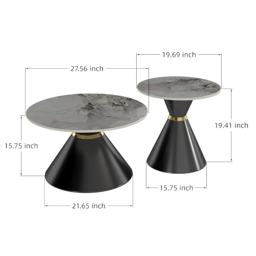 Round Nesting Coffee Table Set with Sintered Stone Top & Gold Accent, Black