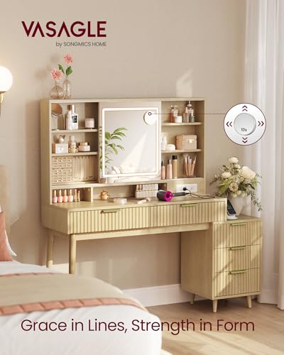 Fluted Vanity Desk with Sliding Mirror & Lights, 5 Drawers, Charging Station, Oak Beige