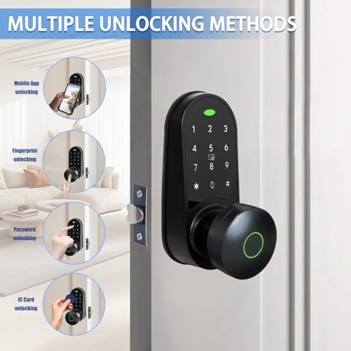 Digital Keypad Fingerprint Door Knob Lock,Keyless Entry Electronic Code Door Lock,5-in-1 unlocking method smart locks for front door-matte Black