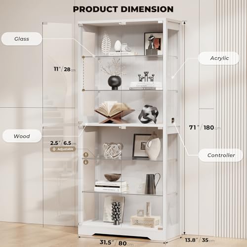 71" Tall Display Cabinet with Glass Doors, 6-Tier Shelves & 3-Color Lights, White