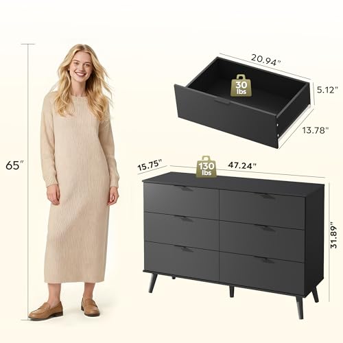 6-Drawer Moden TV Stand, Black Tall TV Console Fits Up to 55" TV Modern TV Stand with Sturdy Metal Handles, Storage Cabinet for Living Room & Office