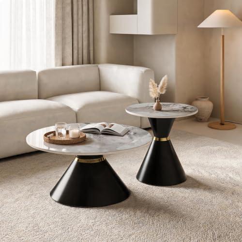 Round Nesting Coffee Table Set with Sintered Stone Top & Gold Accent, Black