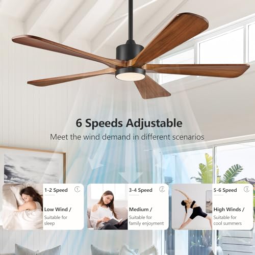 5 Blade Ceiling Fans with Lights, 60 inch Outdoor Ceiling Fans with Remote Control for Patio Bedroom, 5 Solid Wood Blades 6-Speed Reversible DC Motor(Walnut)