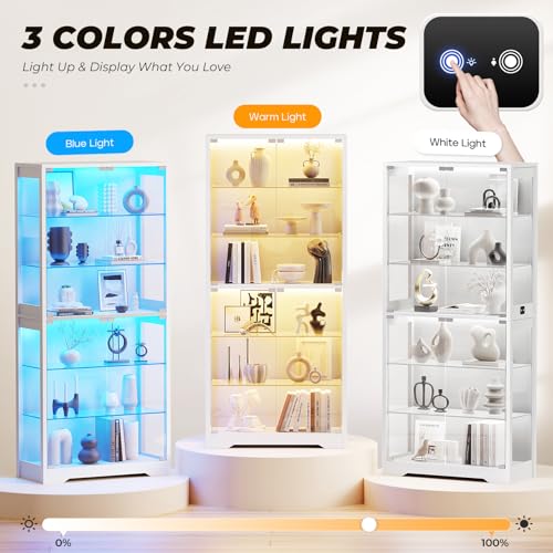 71" Tall Display Cabinet with Glass Doors, 6-Tier Shelves & 3-Color Lights, White