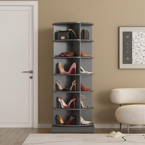 Rotating Shoe Rack 6-Tier 360° Revolving Shoe Storage Organizer Free Standing Spinning Shoe Rack Tower Lazy Susan Shoe Storage hold over 24 pairs of shoe for Entryway Living Room (Gray)