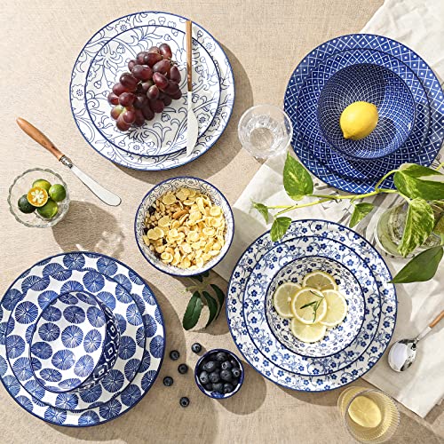 Ceramic Dinnerware Set, 12 pcs Plates and Bowls Set, Vintage Blue