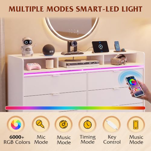 Large White 9-Drawer 58" LED TV Stand with Charging Station Modern Storage TV Console with Charging Station & Open Shelves, Fits 65" TV for Living Room, Office