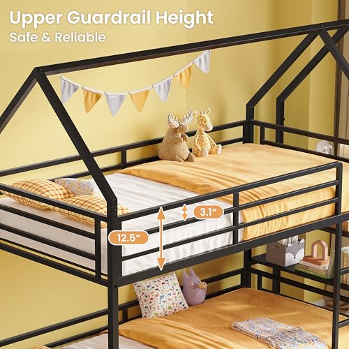 Twin Over Twin Bunk Bed with 3-Tier Storage Bookshelf, Metal House Bed with Ladder & Safety Guardrail, Space Saving, No Box Spring Needed, Black