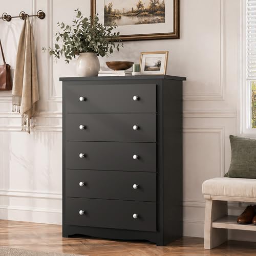 Black Wood 5-Drawer TV Stand, 45" Tall TV Console | Media Storage Cabinet & Organizer Drawers for Living Room, Hallway, Close