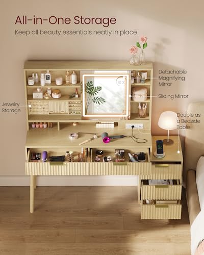 Fluted Vanity Desk with Sliding Mirror & Lights, 5 Drawers, Charging Station, Oak Beige