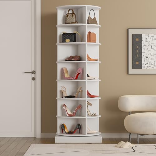 7-Tier Rotating Shoe Rack 360° Revolving Shoe Storage Organizer, Free Standing Spinning Shoe Rack Tower, Holds Over 28 Pairs, White