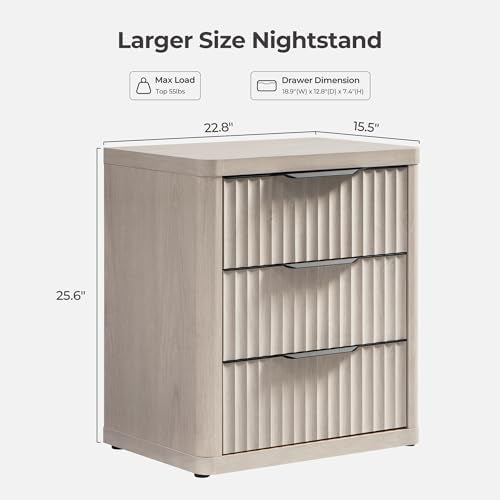 Set of 2 Modern Nightstands with 3 Drawers - Tall 25.6" Fluted Bedside Tables for Bedroom, Living Room, Sofa, Couch & Office - Stylish Mid Century Storage Solutions
