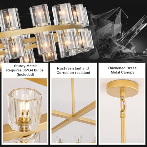 36 Inch Gold Wagon Wheel Chandelier with Crystal Shade, 36 Lights, Large Round Modern Farmhouse Style, Perfect for Living Room, Dining Room, Bedroom, Foyer, Bathroom