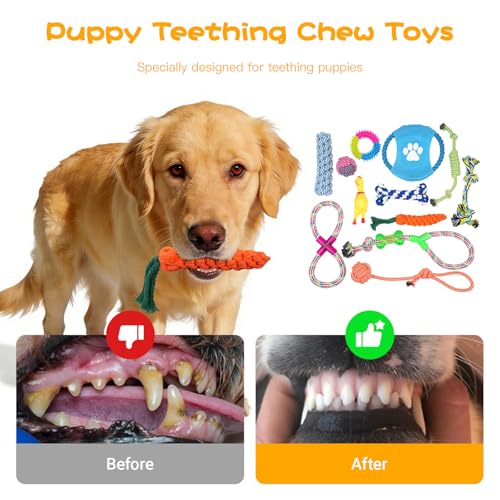 Dog Teething Chew Toys - 12 Pack Small Medium Breed Puppy Toy, Variety Dogs Rope Chew Toys Bundle for Boredom,Pet Interactive Squeaky Toys. Indestructible Cotton Puppy Teething Chew Tug Toys