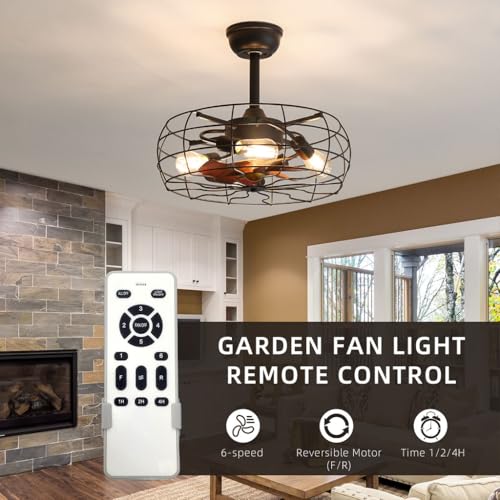 19" Caged Ceiling Fan with Light, Low Profile Flush Mount Bladeless Ceiling Fan, Small Farmhouse Industrial Enclosed Ceiling Fan with Remote Black Round Farmhouse Ceiling Fan Light Fixture