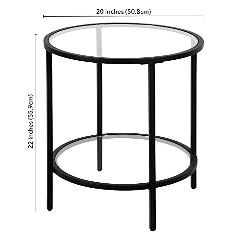 20" Side Table, Nightstand, End Table, Black Compact two-tier glass shelf table with a minimalist metal frame for modern display in living rooms, offices, or bedrooms