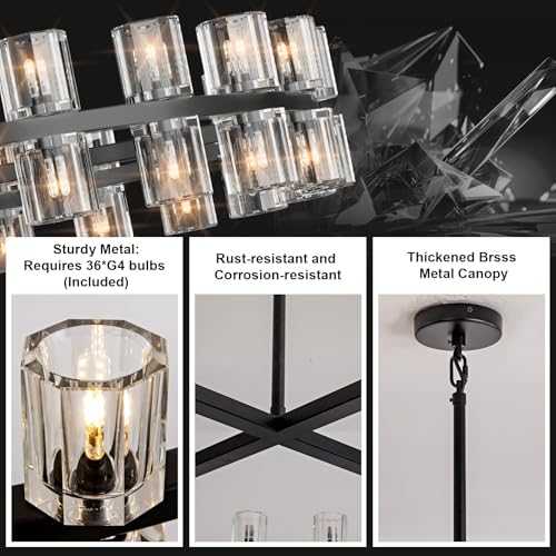 36 Inch Black Wagon Wheel Chandelier with Crystal Shade, 36 Lights, Large Round Modern Farmhouse Style, Perfect for Living Room, Dining Room, Bedroom, Foyer, Bathroom