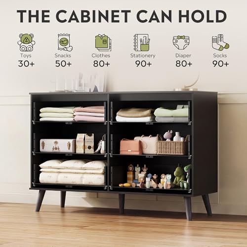 6-Drawer Moden TV Stand, Black Tall TV Console Fits Up to 55" TV Modern TV Stand with Sturdy Metal Handles, Storage Cabinet for Living Room & Office