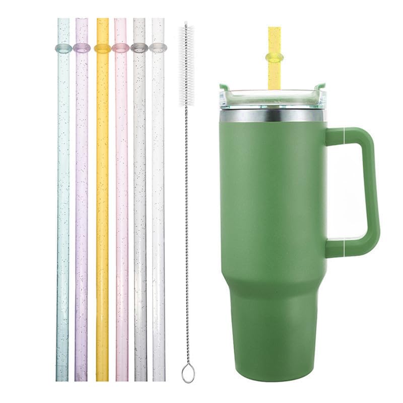 12 PCS Translucent Silver Glitter Reusable Straws Mix Colors for Light Smoothie, Iced Coffee & Drinks, 9" Hard Plastic Straws Fit Most 16 to 20oz Tumbler, Cleaning Brush & Canvas Bag Incl.