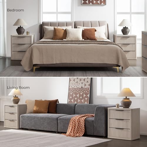 Set of 2 Modern Nightstands with 3 Drawers - Tall 25.6" Fluted Bedside Tables for Bedroom, Living Room, Sofa, Couch & Office - Stylish Mid Century Storage Solutions