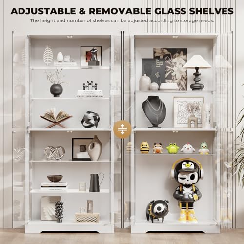 71" Tall Display Cabinet with Glass Doors, 6-Tier Shelves & 3-Color Lights, White