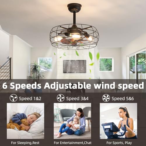 19" Caged Ceiling Fan with Light, Low Profile Flush Mount Bladeless Ceiling Fan, Small Farmhouse Industrial Enclosed Ceiling Fan with Remote Black Round Farmhouse Ceiling Fan Light Fixture