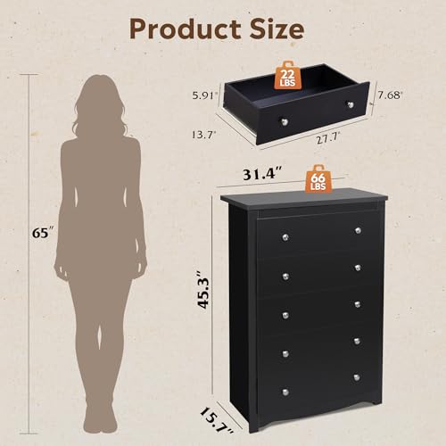 Black Wood 5-Drawer TV Stand, 45" Tall TV Console | Media Storage Cabinet & Organizer Drawers for Living Room, Hallway, Close