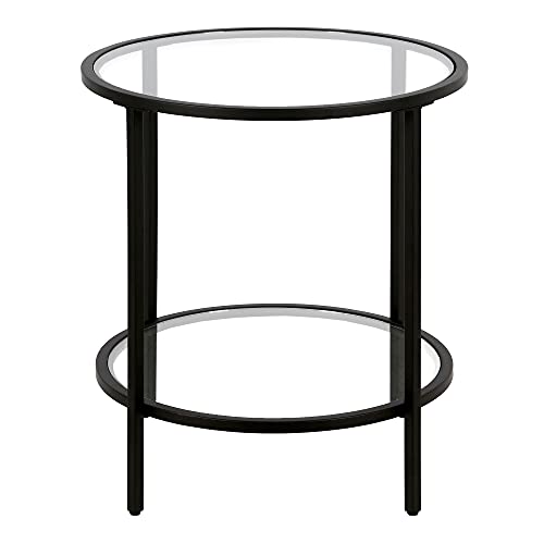 20" Side Table, Nightstand, End Table, Black Compact two-tier glass shelf table with a minimalist metal frame for modern display in living rooms, offices, or bedrooms