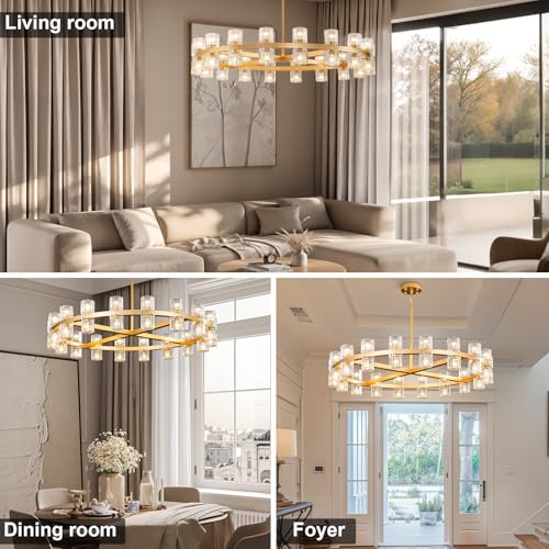 36 Inch Gold Wagon Wheel Chandelier with Crystal Shade, 36 Lights, Large Round Modern Farmhouse Style, Perfect for Living Room, Dining Room, Bedroom, Foyer, Bathroom