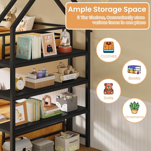 Twin Over Twin Bunk Bed with 3-Tier Storage Bookshelf, Metal House Bed with Ladder & Safety Guardrail, Space Saving, No Box Spring Needed, Black