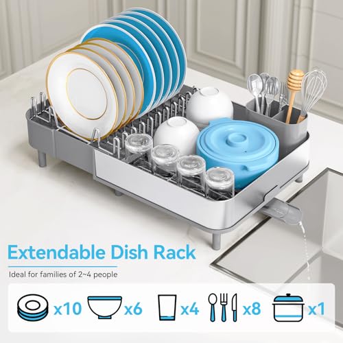 Expandable Dish Drying Rack, Stainless Steel Dish Drainer, Gray – Extends 16.1"–20.6", Removable Cutlery Holder & Quick Drainage