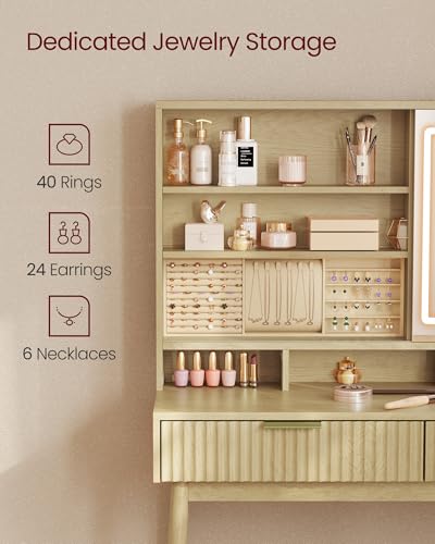 Fluted Vanity Desk with Sliding Mirror & Lights, 5 Drawers, Charging Station, Oak Beige