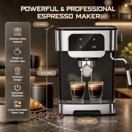 20 Bar Espresso Machine with Milk Frother, LED Touchscreen & 61 oz Removable Water Tank