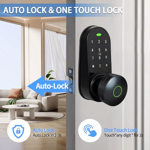 Digital Keypad Fingerprint Door Knob Lock,Keyless Entry Electronic Code Door Lock,5-in-1 unlocking method smart locks for front door-matte Black