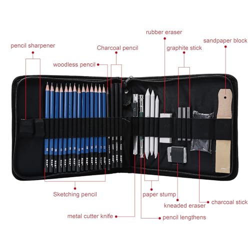 36 Pack Drawing Set Sketch Kit,Sketching Supplies with 2 sketch pad, Graphite Pencils, Charcoal Sticks, Eraser, Pro Art Drawing Kit for Artists Beginner Adults, Ideal for Shading, Blending