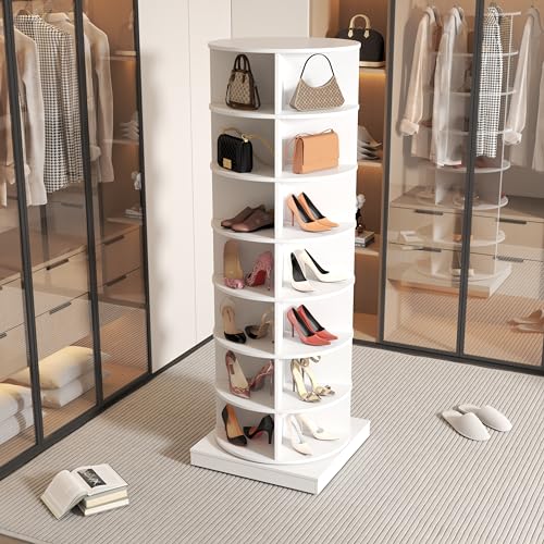 7-Tier Rotating Shoe Rack 360° Revolving Shoe Storage Organizer, Free Standing Spinning Shoe Rack Tower, Holds Over 28 Pairs, White