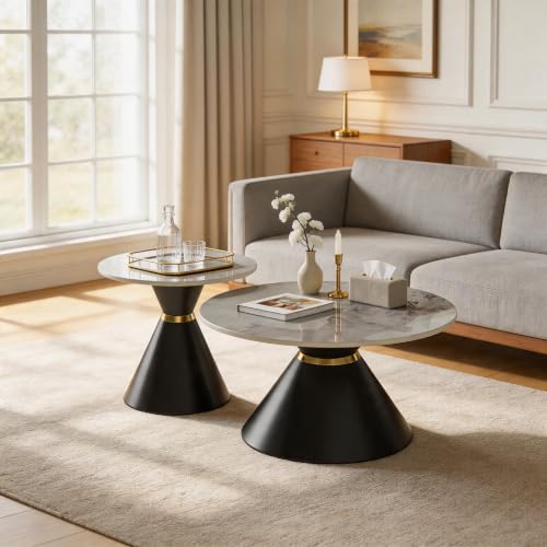 Round Nesting Coffee Table Set with Sintered Stone Top & Gold Accent, Black