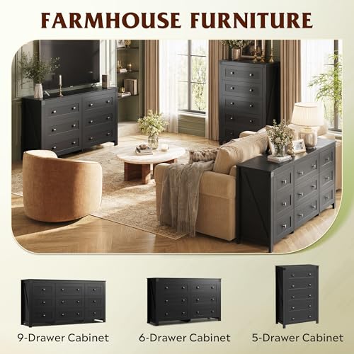 9-Drawer 62.2"W Farmhouse TV Stand for TVs up to 70 Inches, Black