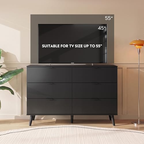 6-Drawer Moden TV Stand, Black Tall TV Console Fits Up to 55" TV Modern TV Stand with Sturdy Metal Handles, Storage Cabinet for Living Room & Office