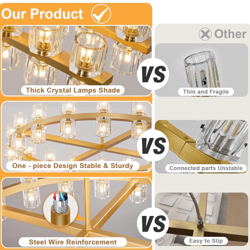 36 Inch Gold Wagon Wheel Chandelier with Crystal Shade, 36 Lights, Large Round Modern Farmhouse Style, Perfect for Living Room, Dining Room, Bedroom, Foyer, Bathroom