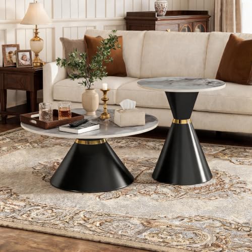 Round Nesting Coffee Table Set with Sintered Stone Top & Gold Accent, Black