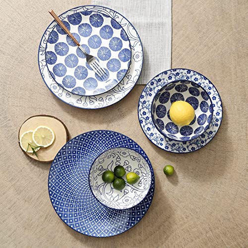 Ceramic Dinnerware Set, 12 pcs Plates and Bowls Set, Vintage Blue