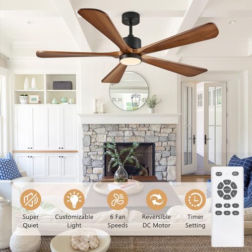 5 Blade Ceiling Fans with Lights, 60 inch Outdoor Ceiling Fans with Remote Control for Patio Bedroom, 5 Solid Wood Blades 6-Speed Reversible DC Motor(Walnut)